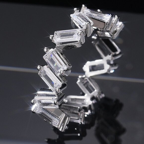 🔥Shiny Irregular Rectangle Gems Full Around Zircon Silver Eternity Ring, K804 - Picture 3 of 4